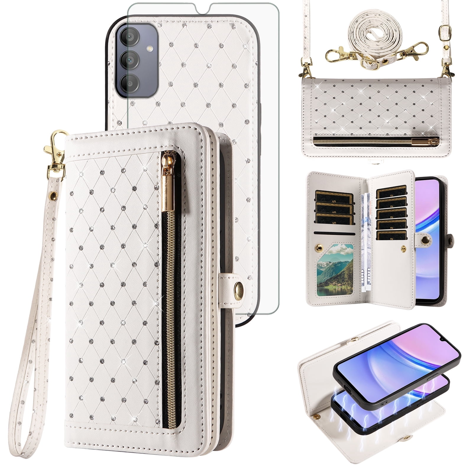 Asuwish Phone Case for Samsung Galaxy A15 5G/4G Zipper Wallet Detachable Cell Cover with Tempered Glass Screen Protector Crossbody Lanyard Strap Bling Glitter Flip Card Holder Slot A 15 G5 15A White