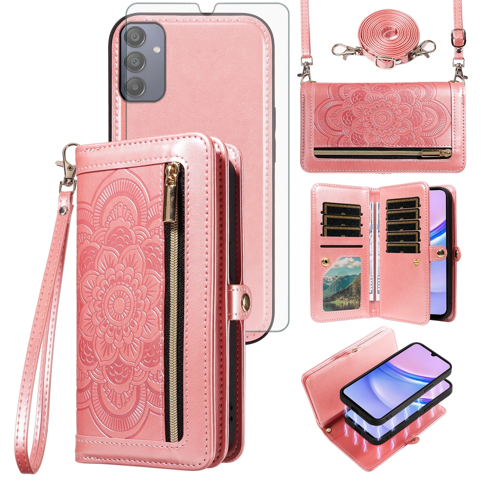 Asuwish Phone Case for Samsung Galaxy A15 5G/4G Zipper Wallet Detachable Cell Cover with Tempered Glass Screen Protector Crossbody Lanyard Strap Flower Flip Card Holder A 15 G5 15A Women Rose Gold