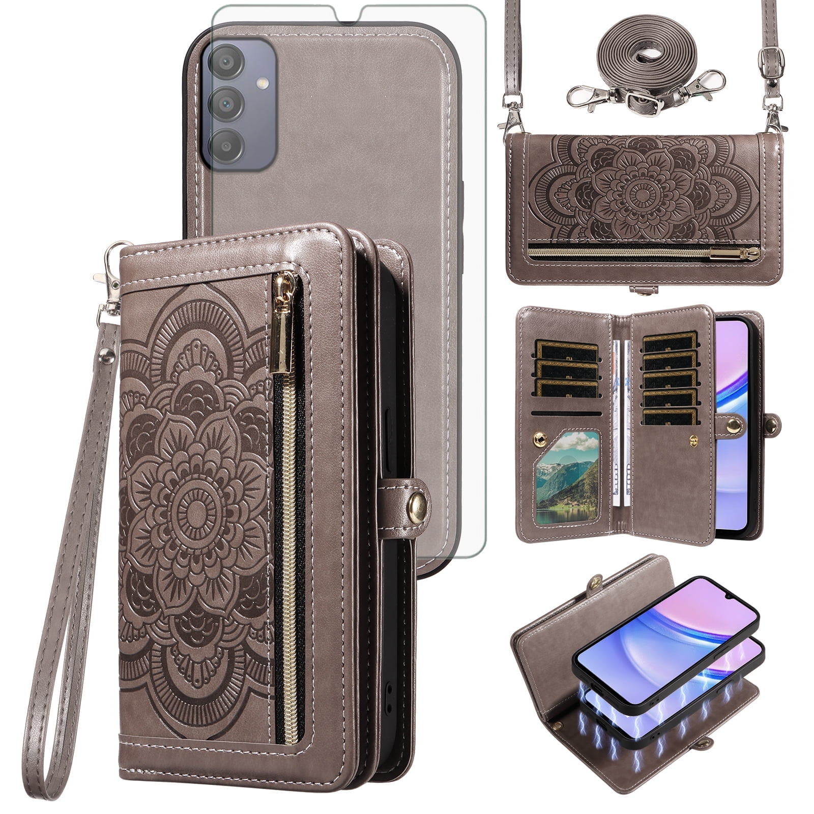 Asuwish Phone Case for Samsung Galaxy A15 5G/4G Zipper Wallet Detachable Cell Cover with Tempered Glass Screen Protector Crossbody Lanyard Strap Flower Flip Card Holder A 15 G5 15A Women Girls Gray