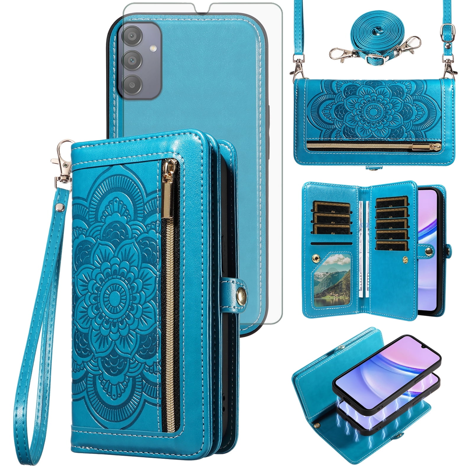 Asuwish Phone Case for Samsung Galaxy A15 5G/4G Zipper Wallet Detachable Cell Cover with Tempered Glass Screen Protector Crossbody Lanyard Strap Flower Flip Card Holder A 15 G5 15A Women Girls Blue