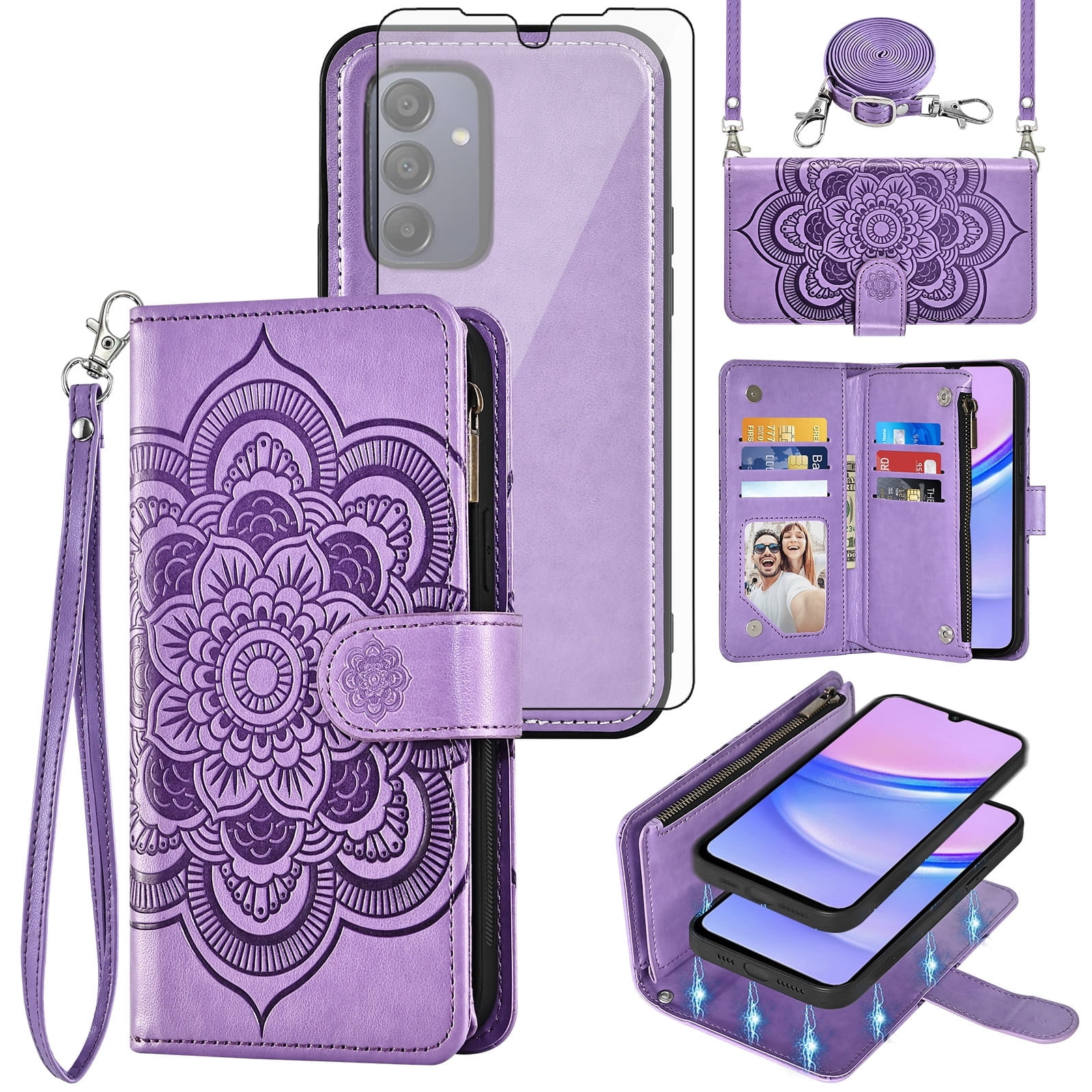 Asuwish Phone Case for Samsung Galaxy A15 5G/4G Zipper Wallet Magnetic Detachable Cell Cover with Tempered Glass Screen Protector Crossbody Strap Flower Card Holder Slot A 15 G5 15A Women Purple