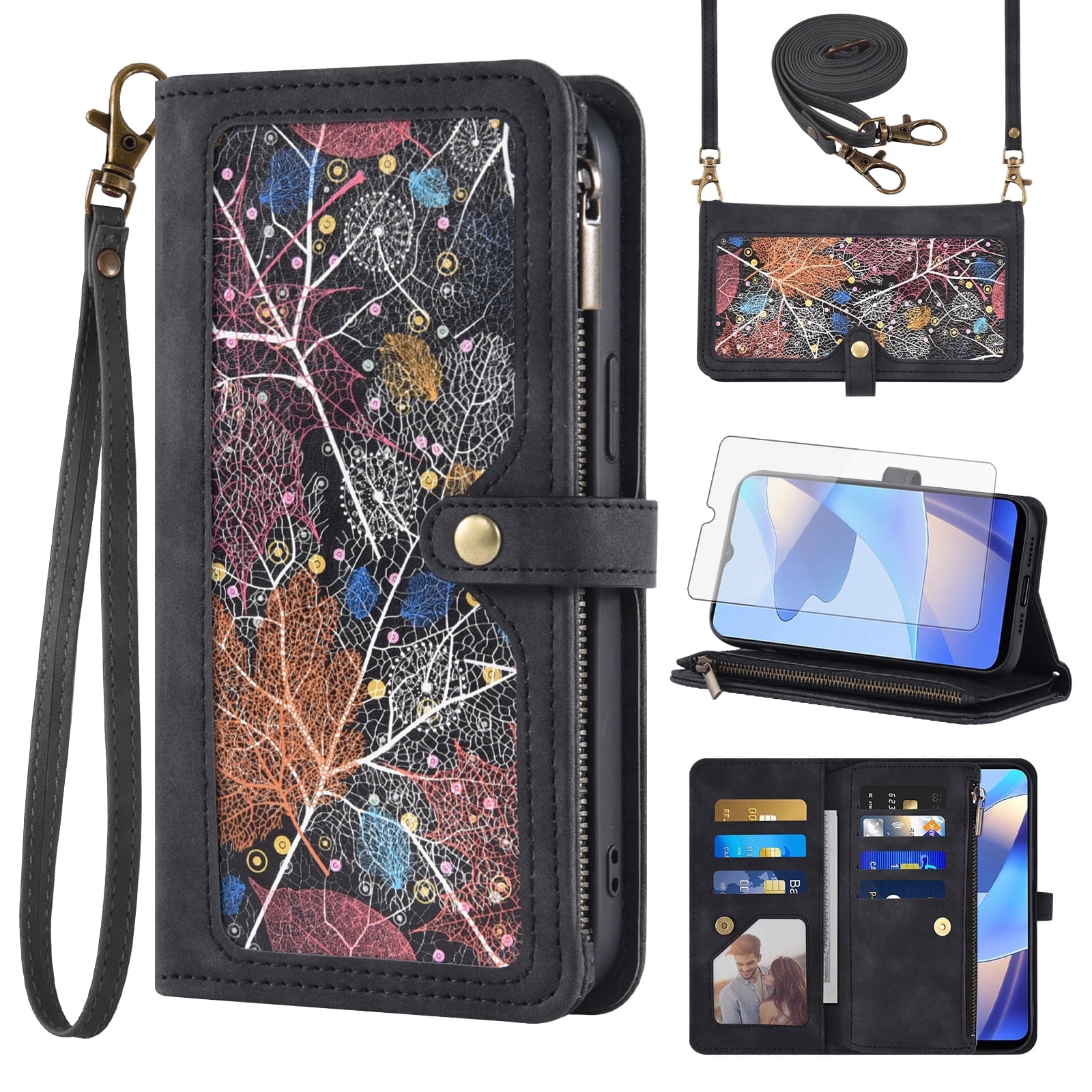 Asuwish Phone Case for Samsung Galaxy A16 5G/4G Wallet Cover With Tempered Glass Screen Protector Crossbody Wrist Strap Flip Pattern Zipper Credit Card Holder Stand Cell A 16 16A SM-A166U Women Black