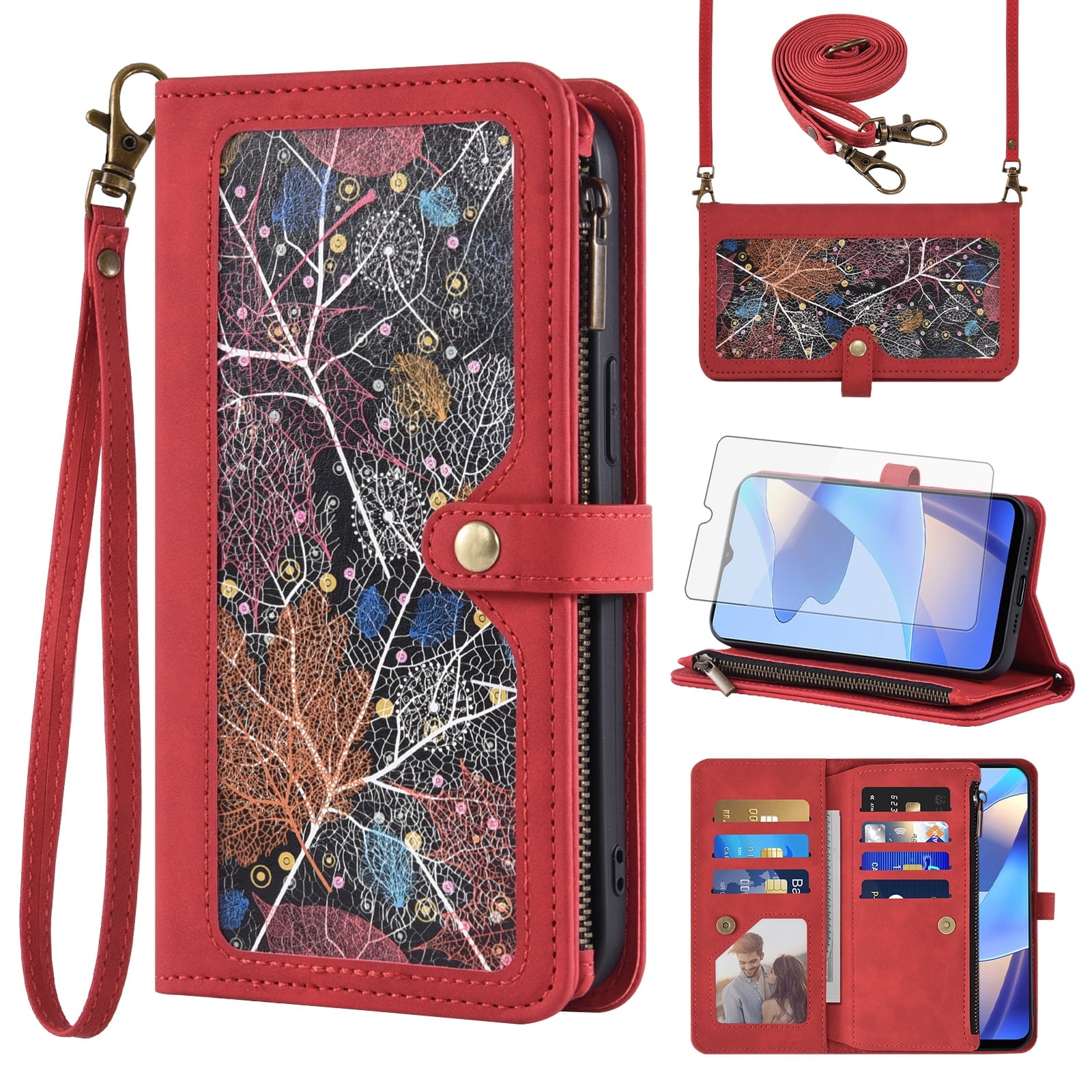 Asuwish Phone Case for Samsung Galaxy A16 5G/4G Wallet Cover With Tempered Glass Screen Protector Crossbody Wrist Strap Flip Pattern Zipper Credit Card Holder Stand Cell A 16 16A SM-A166U Women Red