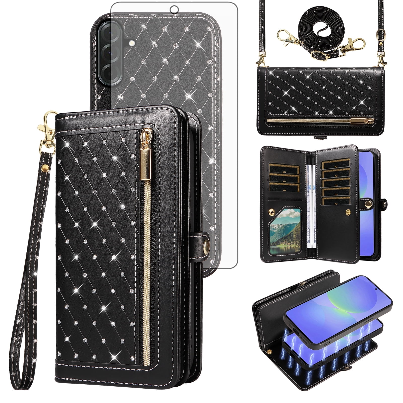 Asuwish Phone Case for Samsung Galaxy A16 5G/4G Zipper Wallet Detachable Cell Cover with Tempered Glass Screen Protector Crossbody Lanyard Strap Bling Glitter Flip Card Holder Slot SM-A 16 16A Black