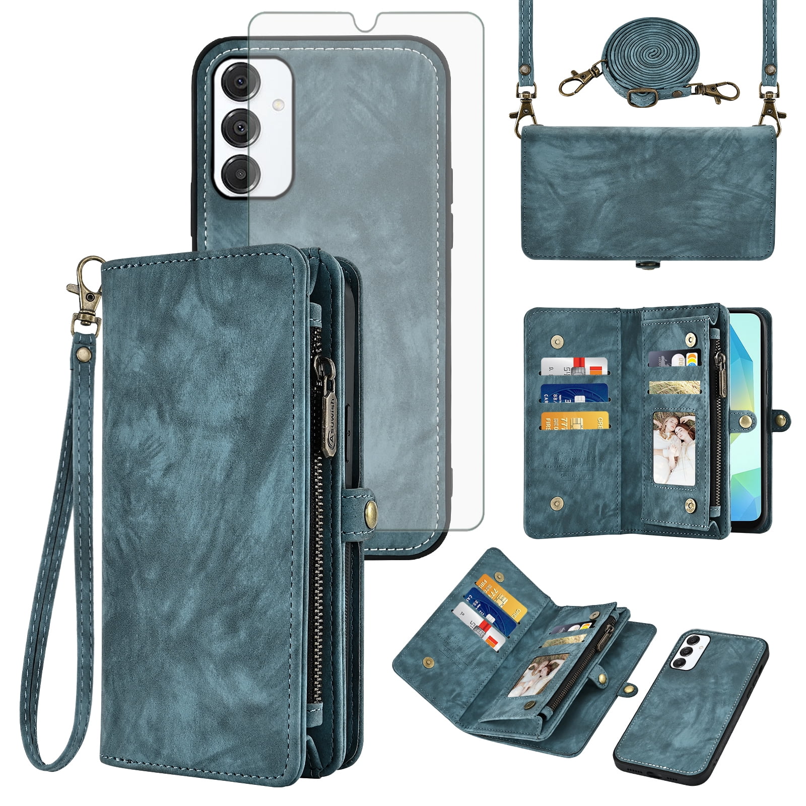 Asuwish Phone Case for Samsung Galaxy A16 5G/4G Zipper Wallet Detachable Cell Cover with Tempered Glass Screen Protector Crossbody Lanyard Strap Flip Card Holder A 16 16A SM-A166U Women Girls Blue