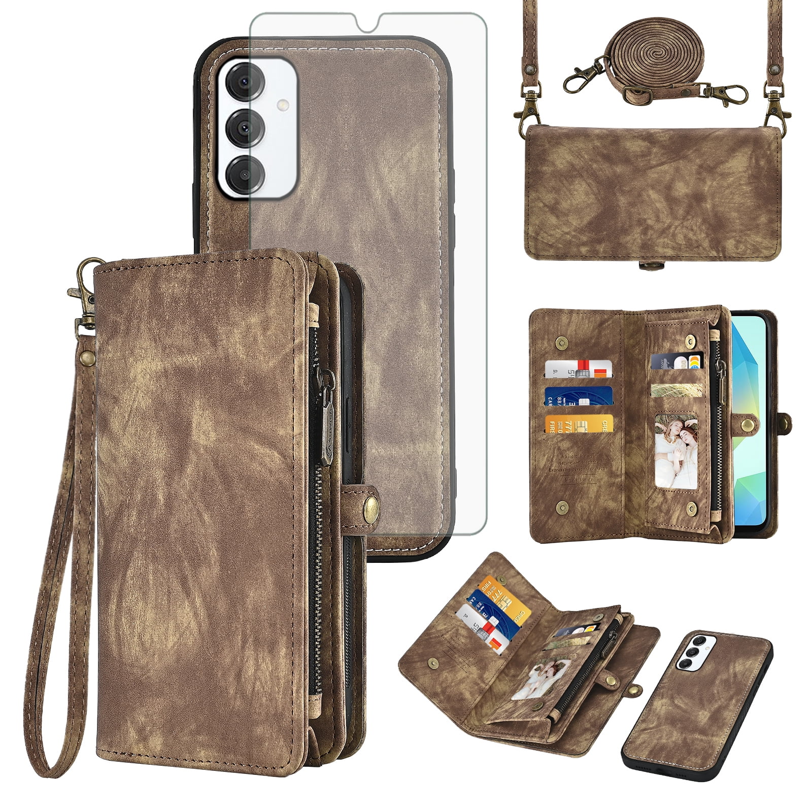 Asuwish Phone Case for Samsung Galaxy A16 5G/4G Zipper Wallet Detachable Cell Cover with Tempered Glass Screen Protector Crossbody Lanyard Strap Flip Card Holder A 16 16A SM-A166U Women Girls Brown
