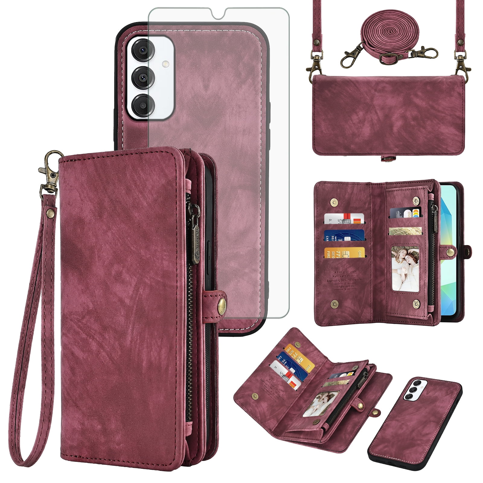 Asuwish Phone Case for Samsung Galaxy A16 5G/4G Zipper Wallet Detachable Cell Cover with Tempered Glass Screen Protector Crossbody Lanyard Strap Flip Card Holder A 16 16A SM-A166U Women Men Girls Red