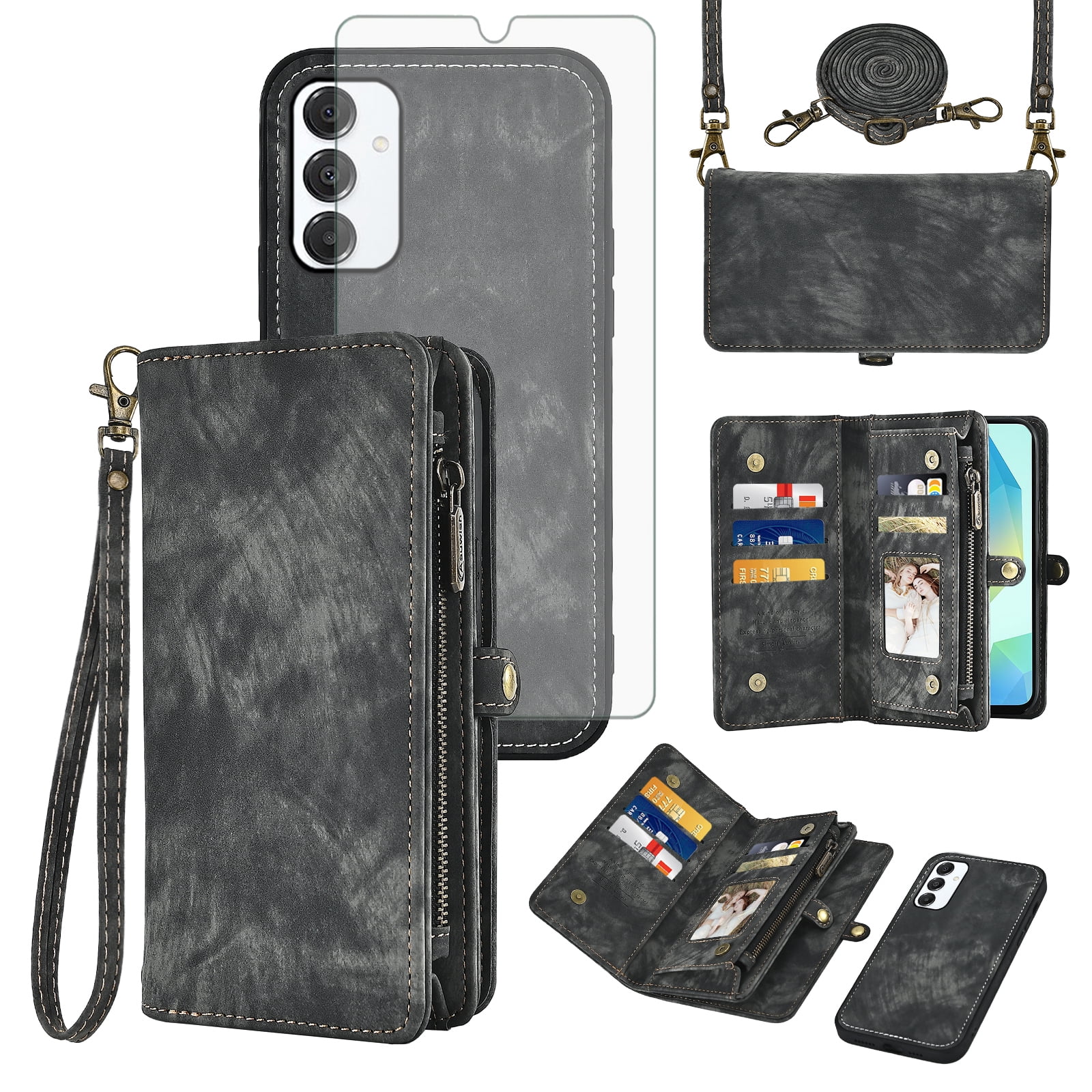 Asuwish Phone Case for Samsung Galaxy A16 5G/4G Zipper Wallet Detachable Cell Cover with Tempered Glass Screen Protector Crossbody Lanyard Strap Flip Card Holder A 16 16A SM-A166U Women Girls Black