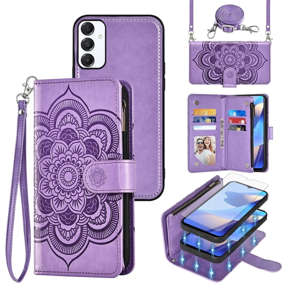 Asuwish Phone Case for Samsung Galaxy A16 5G/4G Zipper Wallet Magnetic Detachable Cell Cover with Tempered Glass Screen Protector Crossbody Strap Flower Card Holder Slot A 16 SM-A166U Women Purple