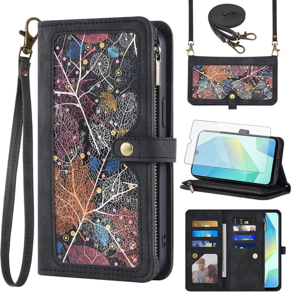Asuwish Phone Case for Samsung Galaxy A16/A26 5G Wallet Cover With Tempered Glass Screen Protector Crossbody Wrist Strap Flip Pattern Zipper Credit Card Holder Cell A 16 26 16A 26A 4G SM-A166U Black