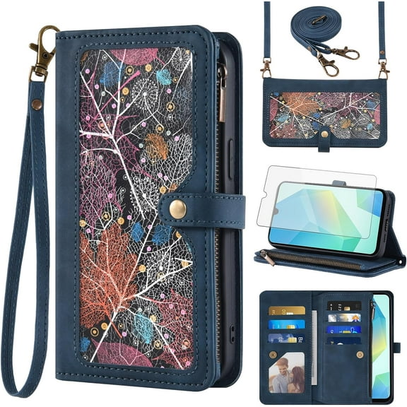 Asuwish Phone Case for Samsung Galaxy A16/A26 5G Wallet Cover With Tempered Glass Screen Protector Crossbody Wrist Strap Flip Pattern Zipper Credit Card Holder Cell A 16 26 16A 26A 4G SM-A166U Blue