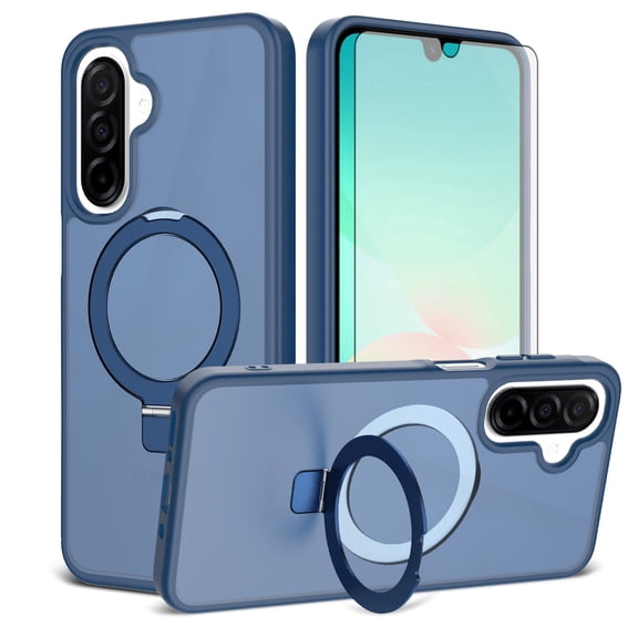 Asuwish Phone Case for Samsung Galaxy A16 A26 A17 5G/4G Tempered Glass Screen Protector Magnetic Folding Stand Frosted Translucent Rugged Shockproof Protective Cell Cover A 16 26 16A Women Men Blue