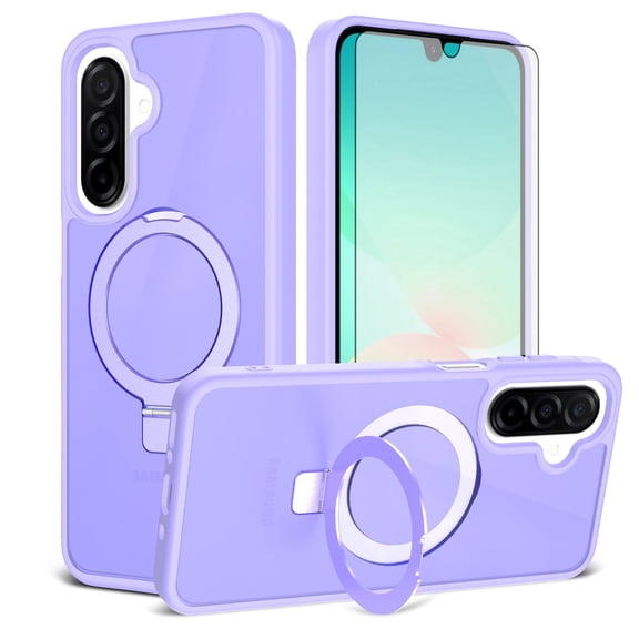 Asuwish Phone Case for Samsung Galaxy A16 A26 A17 5G/4G Tempered Glass Screen Protector Magnetic Folding Stand Frosted Translucent Rugged Shockproof Protective Cell Cover A 16 26 16A Women Men Purple