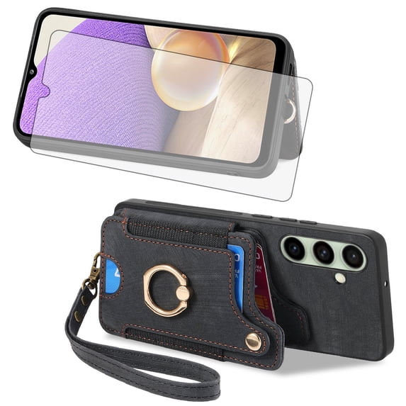 Asuwish Phone Case for Samsung Galaxy A17 5G/4G Wallet Cell Cover with Tempered Glass Screen Protector Slim Lanyard Wrist Strap RFID Ring Stand Credit Card Holder Slot A 17 17A Women Men Black