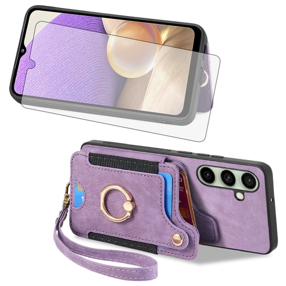 Asuwish Phone Case for Samsung Galaxy A17 5G/4G Wallet Cell Cover with Tempered Glass Screen Protector Slim Lanyard Wrist Strap RFID Ring Stand Credit Card Holder Slot A 17 17A Women Men Purple