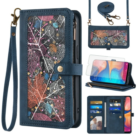 Asuwish Phone Case for Samsung Galaxy A20 A30 Wallet Cover With Tempered Glass Screen Protector Crossbody Wrist Strap Flip Pattern Zipper Credit Card Holder Cell M10s A 30 20A SM A205G Women Men Blue