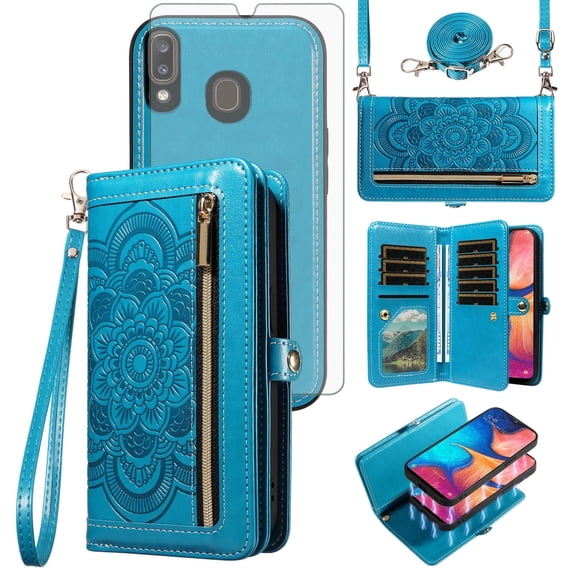 Asuwish Detachable Magnetic Zipper Wallet Phone Case with Flower Pattern and Screen Protector for Samsung Galaxy A20/A30/M10s, Blue