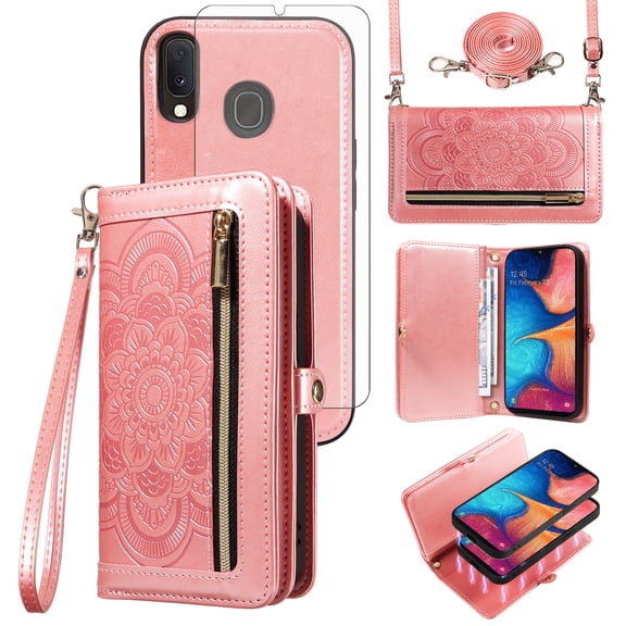 Asuwish Phone Case for Samsung Galaxy A20e Zipper Wallet Detachable Cell Cover with Tempered Glass Screen Protector Crossbody Lanyard Strap Flower Flip Card Holder A 20e 20ae Women Girls Rose Gold