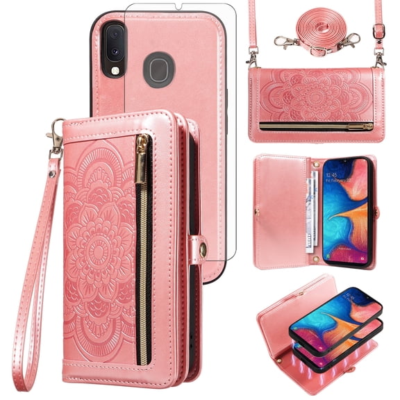 Asuwish Detachable Magnetic Zipper Wallet Phone Case with Flower Pattern and Screen Protector for Samsung Galaxy A20e, Rose Gold