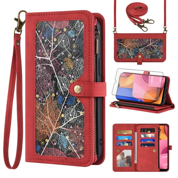 Asuwish Phone Case for Samsung Galaxy A20s Wallet Cover With Tempered Glass Screen Protector Crossbody Wrist Strap Flip Pattern Zipper Credit Card Holder Stand Cell A 20s Plus A207M Women Men Red