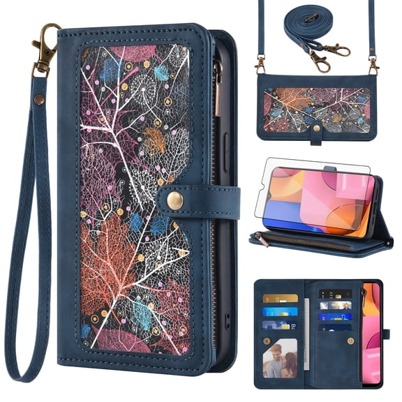 Asuwish Phone Case for Samsung Galaxy A20s Wallet Cover With Tempered Glass Screen Protector Crossbody Wrist Strap Flip Pattern Zipper Credit Card Holder Stand Cell A 20s Plus A207M Women Men Blue