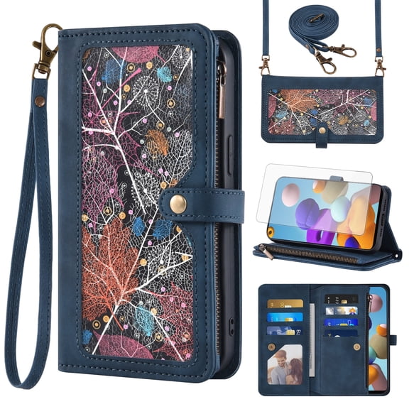 Asuwish Phone Case for Samsung Galaxy A21S Wallet Cover With Tempered Glass Screen Protector Crossbody Wrist Strap Flip Pattern Zipper Credit Card Holder Stand Slot Shoulder Cell A 21S Women Men Blue