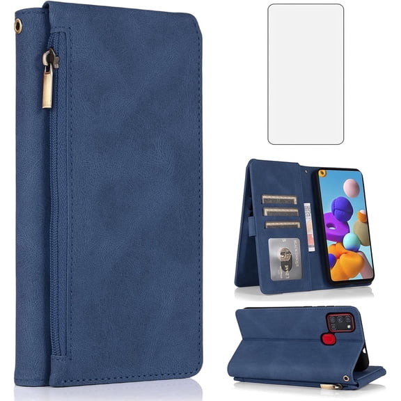 Asuwish Wallet Kickstand Hard Shell Cell Phone Case with Tempered Glass Screen Protector for Samsung Galaxy A21s, Blue