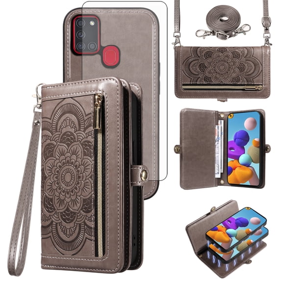 Asuwish Phone Case for Samsung Galaxy A21S Zipper Wallet Detachable Cell Cover with Tempered Glass Screen Protector Crossbody Lanyard Strap Flower Flip Card Holder Slot A 21S Women Men Girls Gray