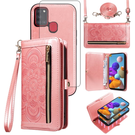 Asuwish Phone Case for Samsung Galaxy A21S Zipper Wallet Detachable Cell Cover with Tempered Glass Screen Protector Crossbody Lanyard Strap Flower Flip Card Holder Slot A 21S Women Girls Rose Gold