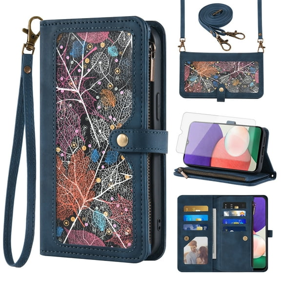 Asuwish Phone Case for Samsung Galaxy A22 5G Wallet Cover With Tempered Glass Screen Protector Crossbody Wrist Strap Flip Pattern Zipper Credit Card Holder Stand Cell A 22 22A A22s G5 Women Men Blue