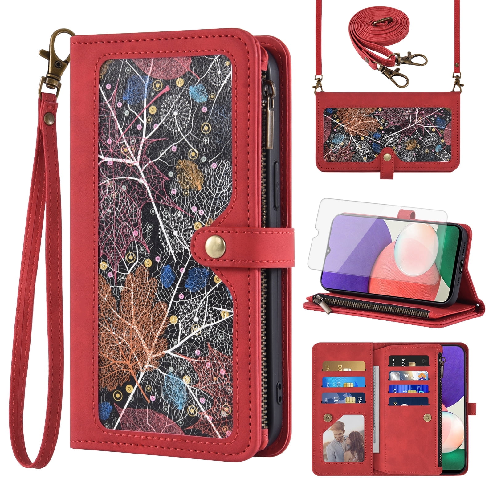 Asuwish Phone Case for Samsung Galaxy A22 5G Wallet Cover With Tempered Glass Screen Protector Crossbody Wrist Strap Flip Pattern Zipper Credit Card Holder Stand Cell A 22 22A A22s G5 Women Men Red