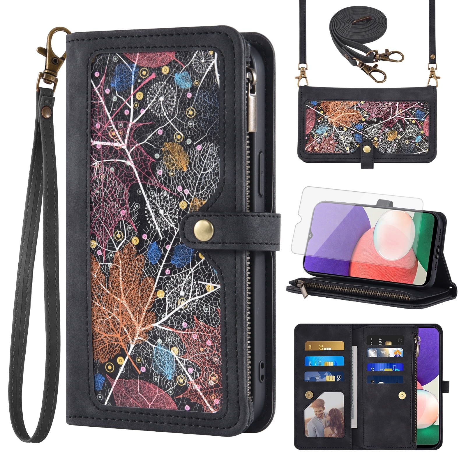 Asuwish Phone Case for Samsung Galaxy A22 5G Wallet Cover With Tempered Glass Screen Protector Crossbody Wrist Strap Flip Pattern Zipper Credit Card Holder Stand Cell A 22 22A A22s G5 Women Men Black
