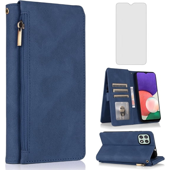 Asuwish Phone Case for Samsung Galaxy A22 5G Wallet Mobile Accessories Credit Cash Cell Cover with Tempered Glass Screen Protector Flip Zipper Stand Card Holder Slot A 22 22A A22s G5 Women Men Blue