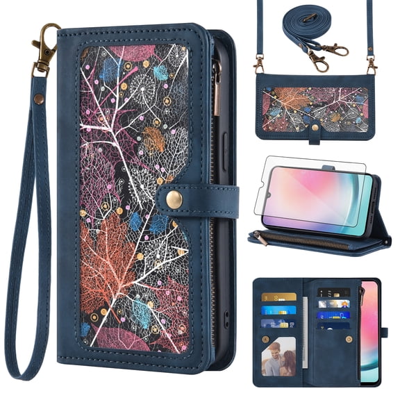 Asuwish Phone Case for Samsung Galaxy A24 4G/5G Wallet Cover With Tempered Glass Screen Protector Crossbody Wrist Strap Flip Pattern Zipper Credit Card Holder Stand Cell A 24 24A Lte Women Men Blue
