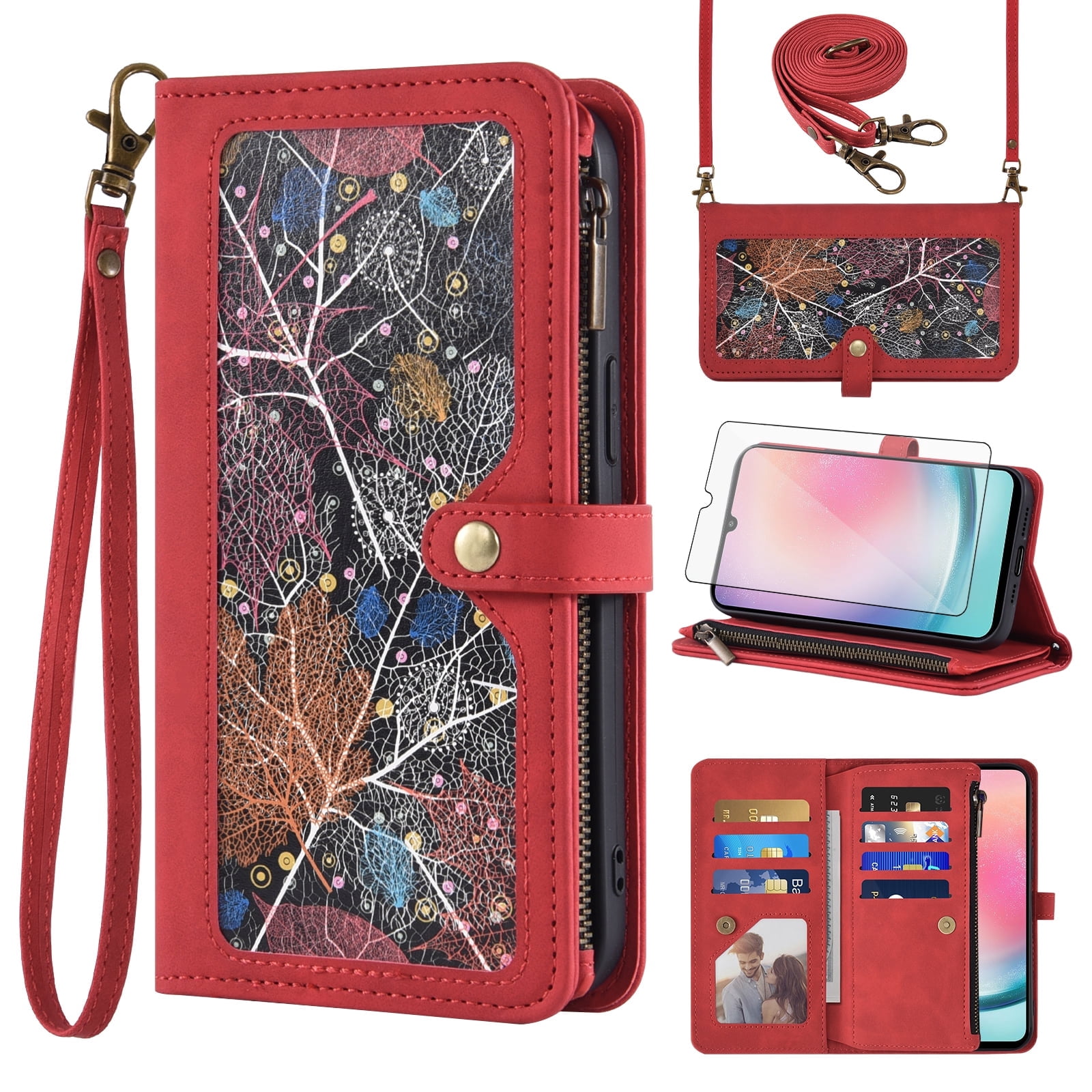 Asuwish Phone Case for Samsung Galaxy A24 4G/5G Wallet Cover With Tempered Glass Screen Protector Crossbody Wrist Strap Flip Pattern Zipper Credit Card Holder Stand Cell A 24 24A Lte Women Men Red