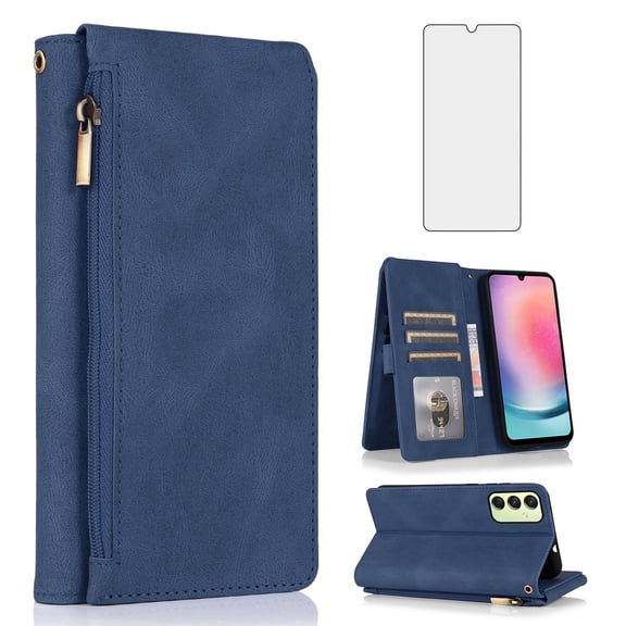 Asuwish Wallet Kickstand Hard Shell Cell Phone Case with Tempered Glass Screen Protector for Samsung Galaxy A24, Blue