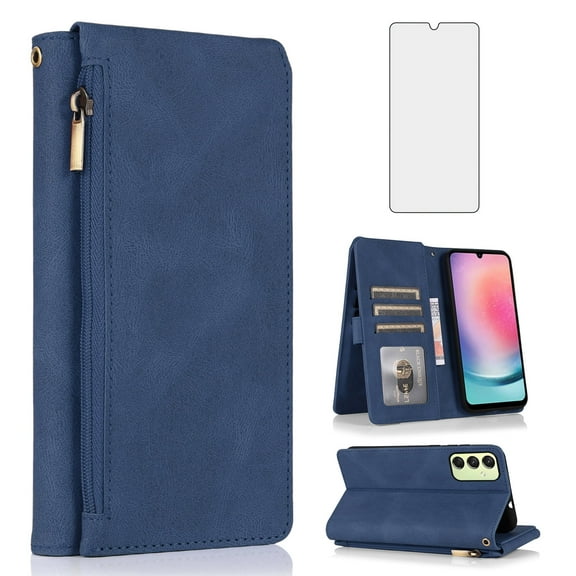 Asuwish Phone Case for Samsung Galaxy A24 4G/5G Wallet Mobile Accessories Credit Cash Cell Cover with Tempered Glass Screen Protector Flip Zipper Stand Card Holder Slot A 24 24A Lte Women Men Blue