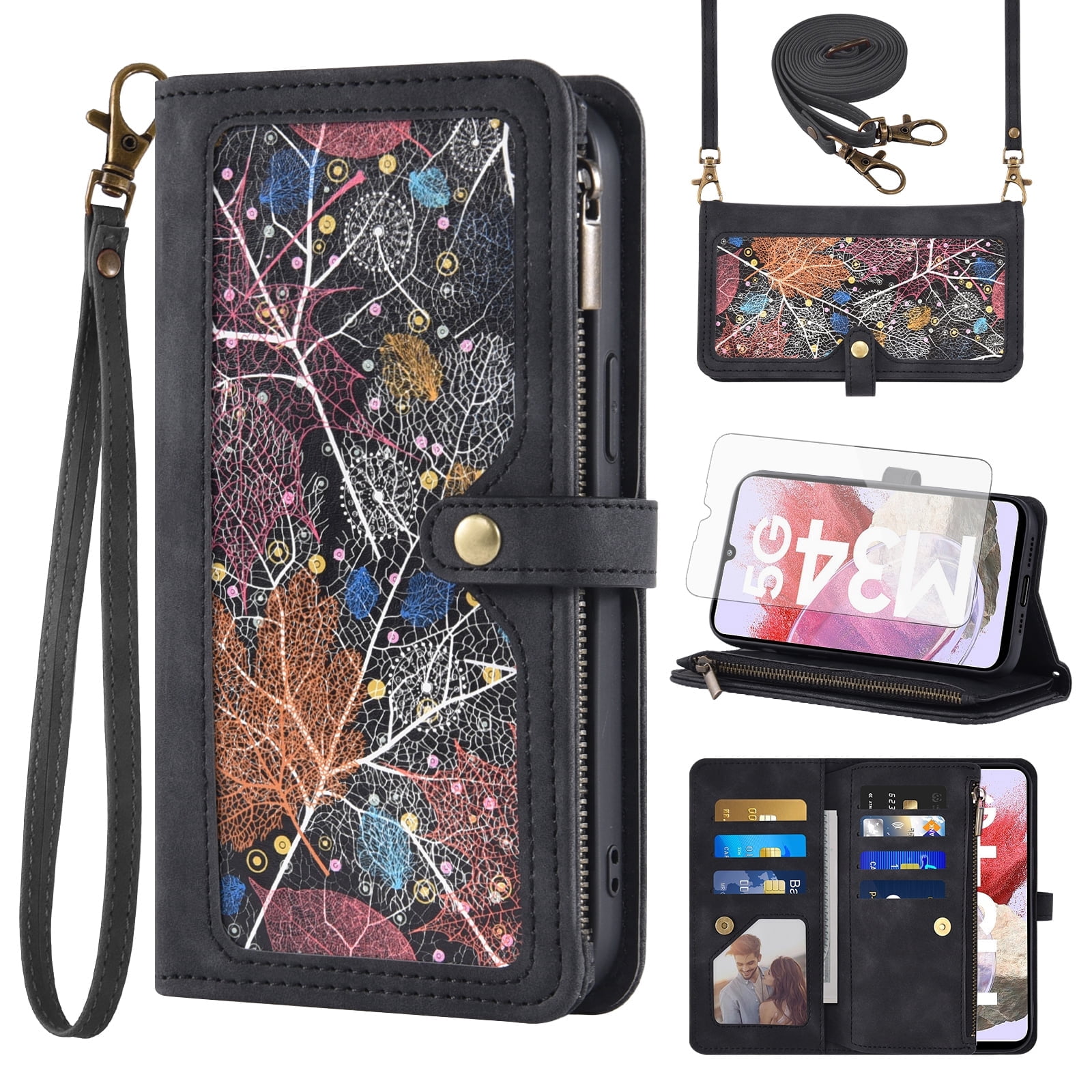 Asuwish Phone Case for Samsung Galaxy A25 5G/A24 4G/M34 /F34 Wallet Cover With Tempered Glass Screen Protector Crossbody Wrist Strap Flip Pattern Zipper Credit Card Holder Cell A 25 25A 24A LTE Black