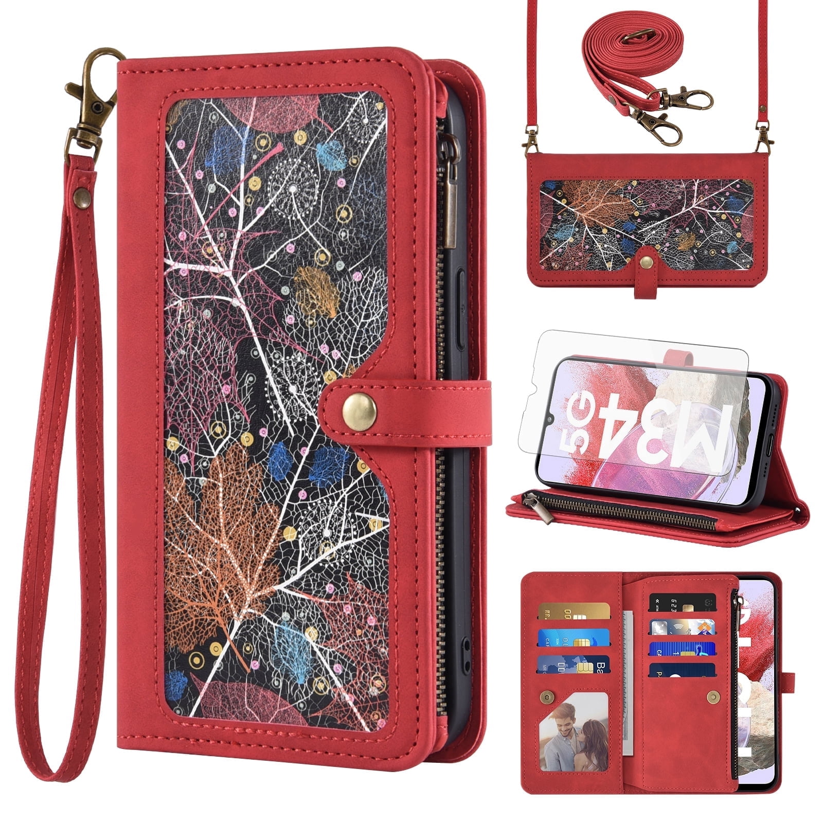 Asuwish Phone Case for Samsung Galaxy A25 5G/A24 4G/M34 /F34 Wallet Cover With Tempered Glass Screen Protector Crossbody Wrist Strap Flip Pattern Zipper Credit Card Holder Cell A 25 25A 24A LTE Red