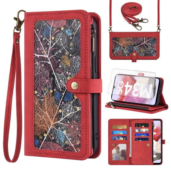 Asuwish Phone Case for Samsung Galaxy A25 5G/A24 4G/M34 /F34 Wallet Cover With Tempered Glass Screen Protector Crossbody Wrist Strap Flip Pattern Zipper Credit Card Holder Cell A 25 25A 24A LTE Red