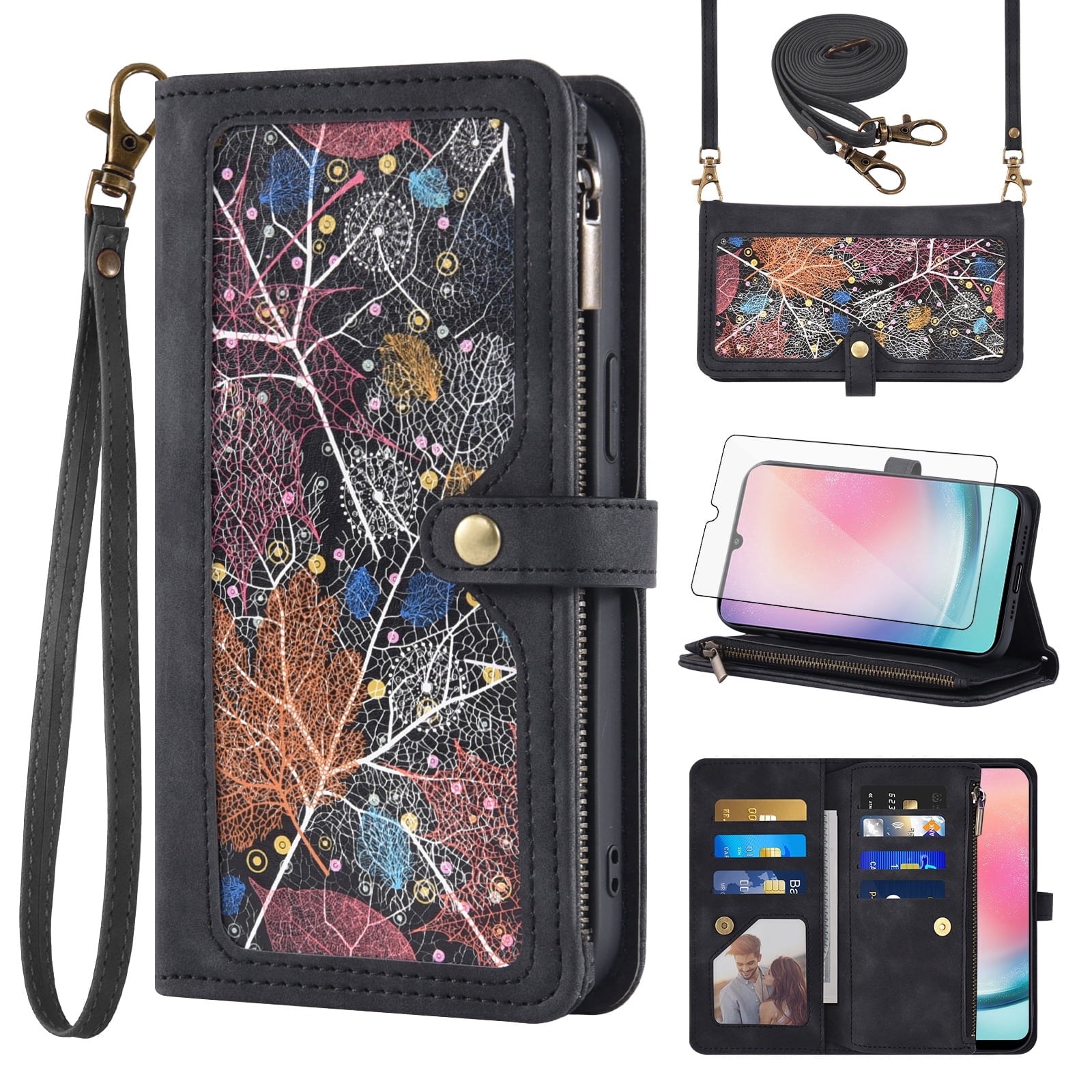 Asuwish Phone Case for Samsung Galaxy A25 5G Wallet Cover With Tempered Glass Screen Protector Crossbody Wrist Strap Flip Pattern Zipper Credit Card Holder Stand Cell A 25 25A SM-A256U Women Black