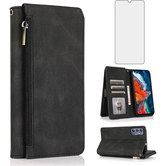 Asuwish Phone Case for Samsung Galaxy A25 5G Wallet Mobile Accessories Credit Cash Cell Cover with Tempered Glass Screen Protector Flip Zipper Stand Card Holder Slot A 25 25A SM-A256U Women Men Black