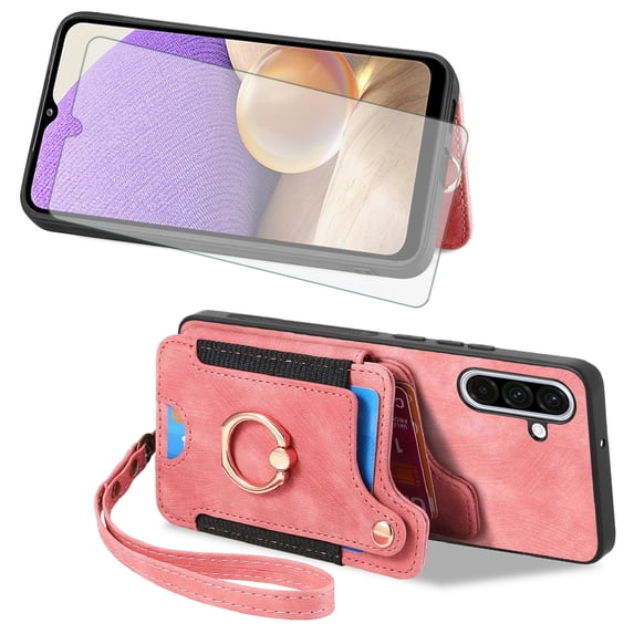 Asuwish Phone Case for Samsung Galaxy A26 5G Wallet Cell Cover with Tempered Glass Screen Protector Slim Lanyard Wrist Strap RFID Ring Stand Credit Card Holder Slot A 26 26A LTE Women Men Pink