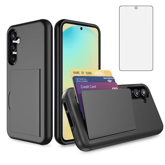 Asuwish Phone Case for Samsung Galaxy A34 5G Wallet Cell Cover with Tempered Glass Screen Protector Slim Credit Card Holder Slot Hard Hybrid Protective A 34 34A Women Men Black