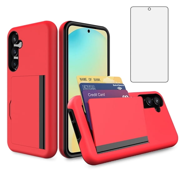 Asuwish Phone Case for Samsung Galaxy A34 5G Wallet Cell Cover with Tempered Glass Screen Protector Slim Credit Card Holder Slot Hard Hybrid Protective A 34 34A Women Men Red