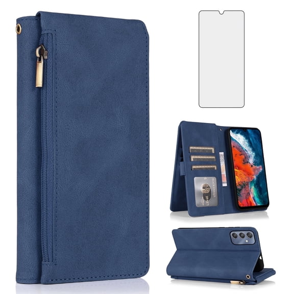 Asuwish Wallet Kickstand Hard Shell Cell Phone Case with Tempered Glass Screen Protector for Samsung Galaxy A34 5G, Blue