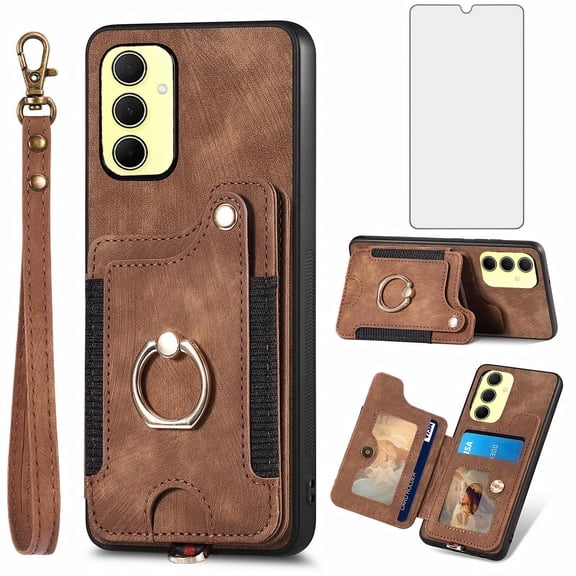 Asuwish Phone Case for Samsung Galaxy A35 5G Wallet Cell Cover with Tempered Glass Screen Protector Slim Lanyard Wrist Strap RFID Ring Stand Credit Card Holder Slot A 35 35A A355G Women Men Brown