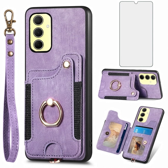 Asuwish Phone Case for Samsung Galaxy A35 5G Wallet Cell Cover with Tempered Glass Screen Protector Slim Lanyard Wrist Strap RFID Ring Stand Credit Card Holder Slot A 35 35A A355G Women Men Purple