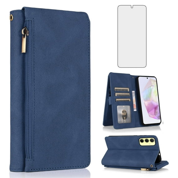 Asuwish Phone Case for Samsung Galaxy A35 5G Wallet Mobile Accessories Credit Cash Cell Cover with Tempered Glass Screen Protector Flip Zipper Stand Card Holder Slot A 35 35A A355G Women Men Blue