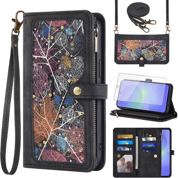 Asuwish Phone Case for Samsung Galaxy A36 5G Wallet Cover With Tempered Glass Screen Protector Crossbody Wrist Strap Flip Pattern Zipper Credit Card Holder Cell A 36 36A LTE SM-A366U Women Men Black
